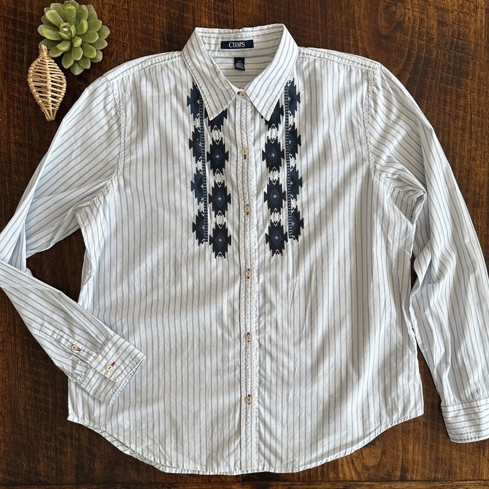 Chaps | Cotton Southwestern-style Embroidered Striped Button Down Shirt, Size L